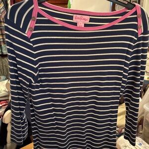 Lilly Pulitzer Navy & White Striped Top with Pink Trim Accents